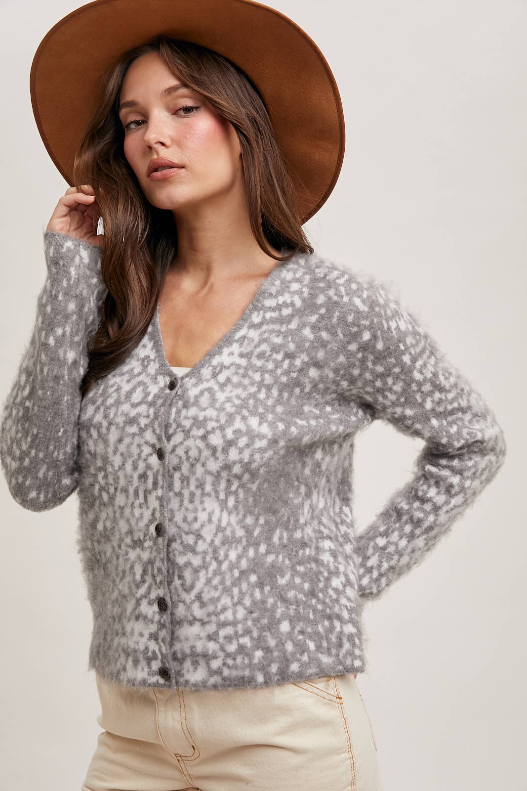 LEOPARD BUTTON DOWN KNIT CARDIGAN: TAUPE