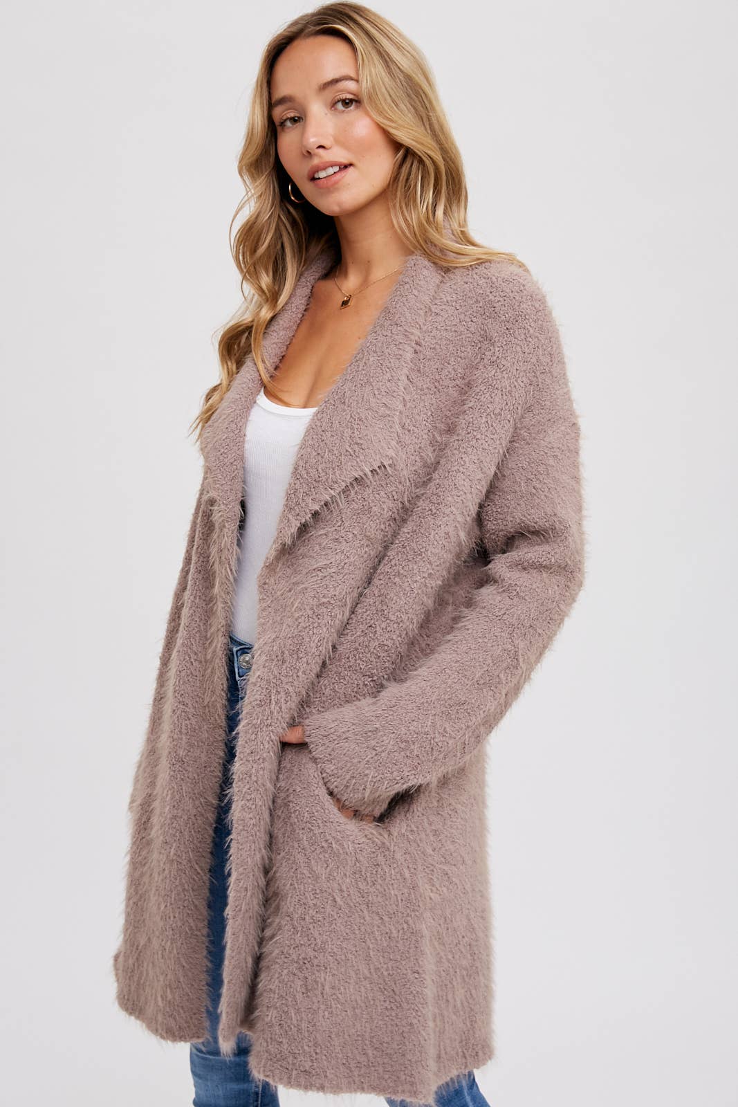 SOFT FUZZY DRAPE FRONT CARDIGAN: MUSHROOM