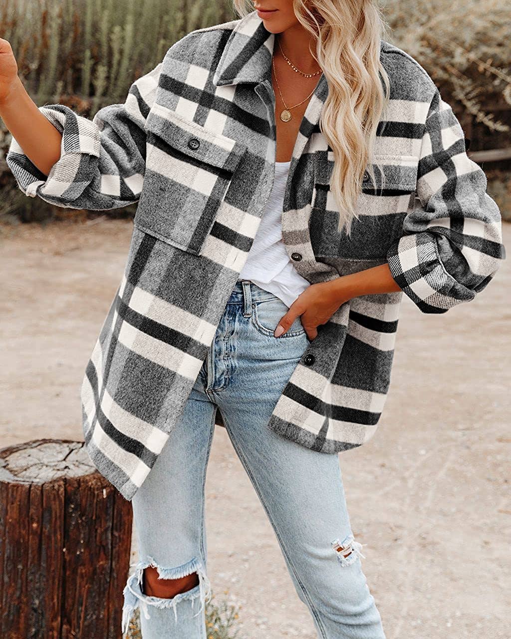 Women's Plaid Button Flannel Shirt Jacket: Light gray / 100%Polyester