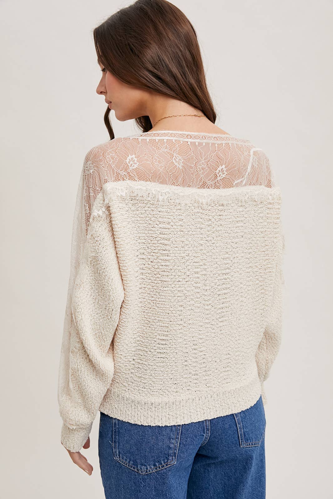 BOAT NECK LACE TRIMMED KNIT SWEATER PULLOVER: Beige