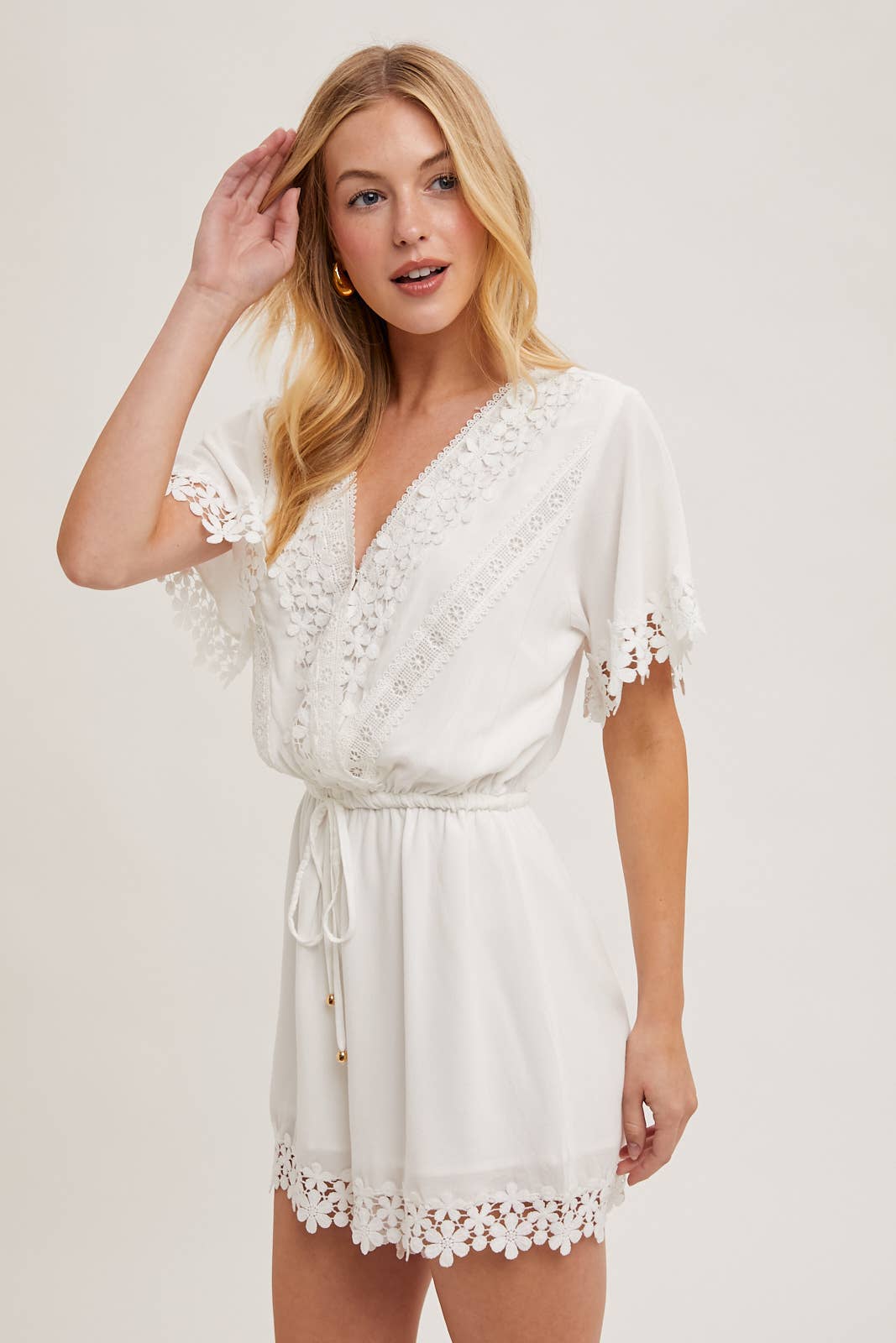 WRAP FLORAL LACE TRIMMED DRAWSTRING ROMPER: ALMOND