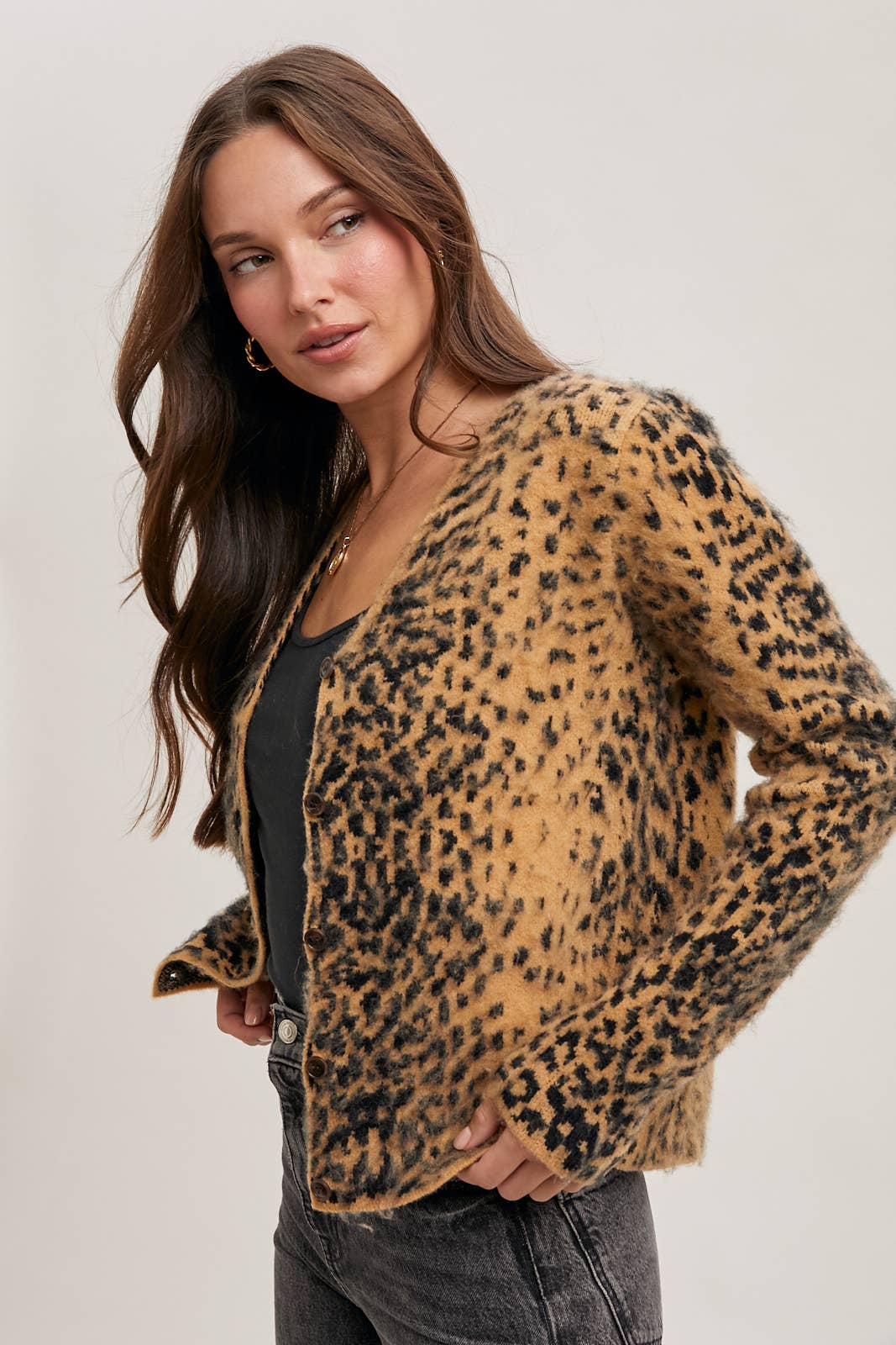 LEOPARD BUTTON DOWN KNIT CARDIGAN: TAUPE