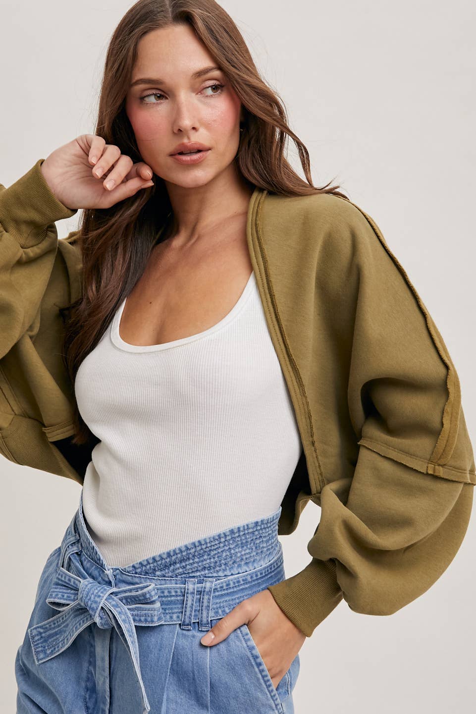 INNER FLEECE SHRUG KNIT CARDIGAN: H.GREY
