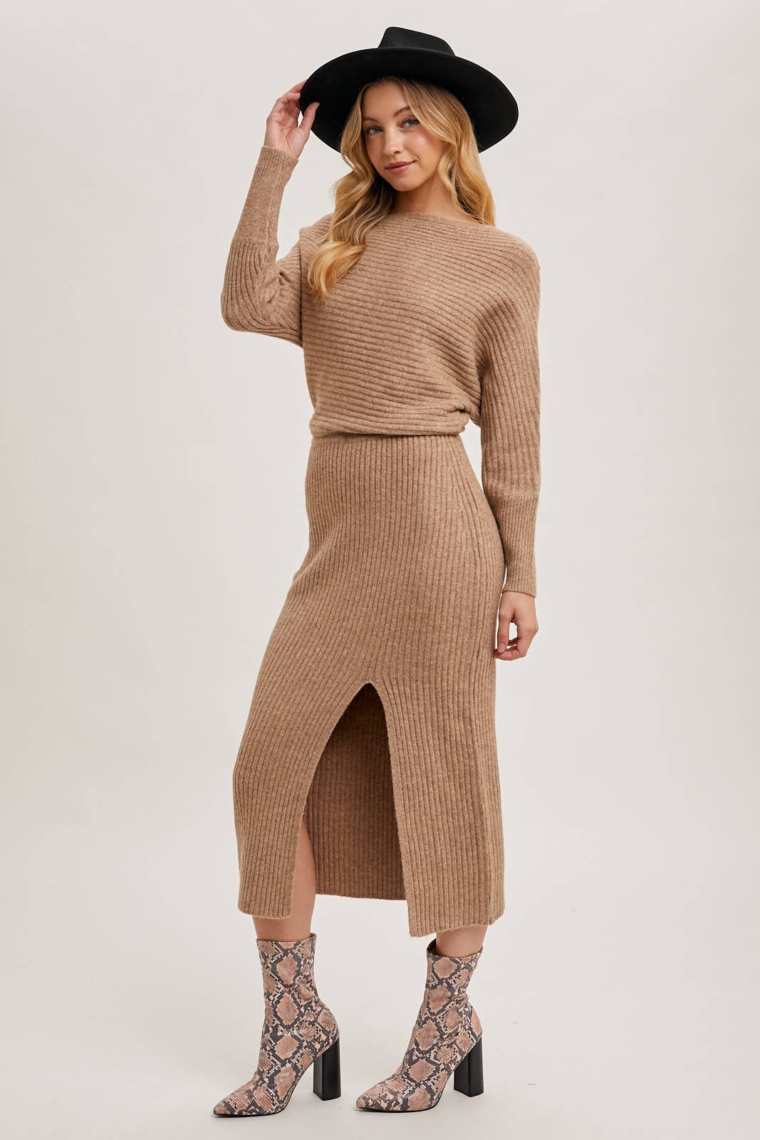 One Shoulder Off Side Slit Midi Knit Sweater Dress: Latte
