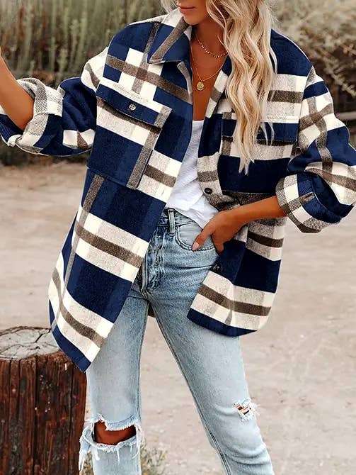 Women's Plaid Button Flannel Shirt Jacket: Light gray / 100%Polyester