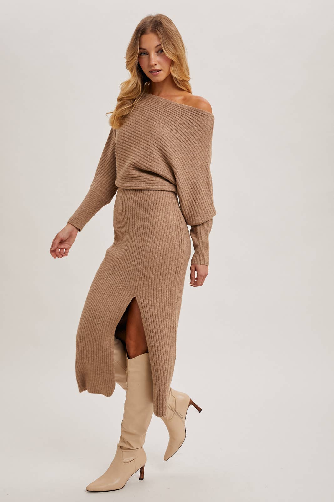 One Shoulder Off Side Slit Midi Knit Sweater Dress: Latte