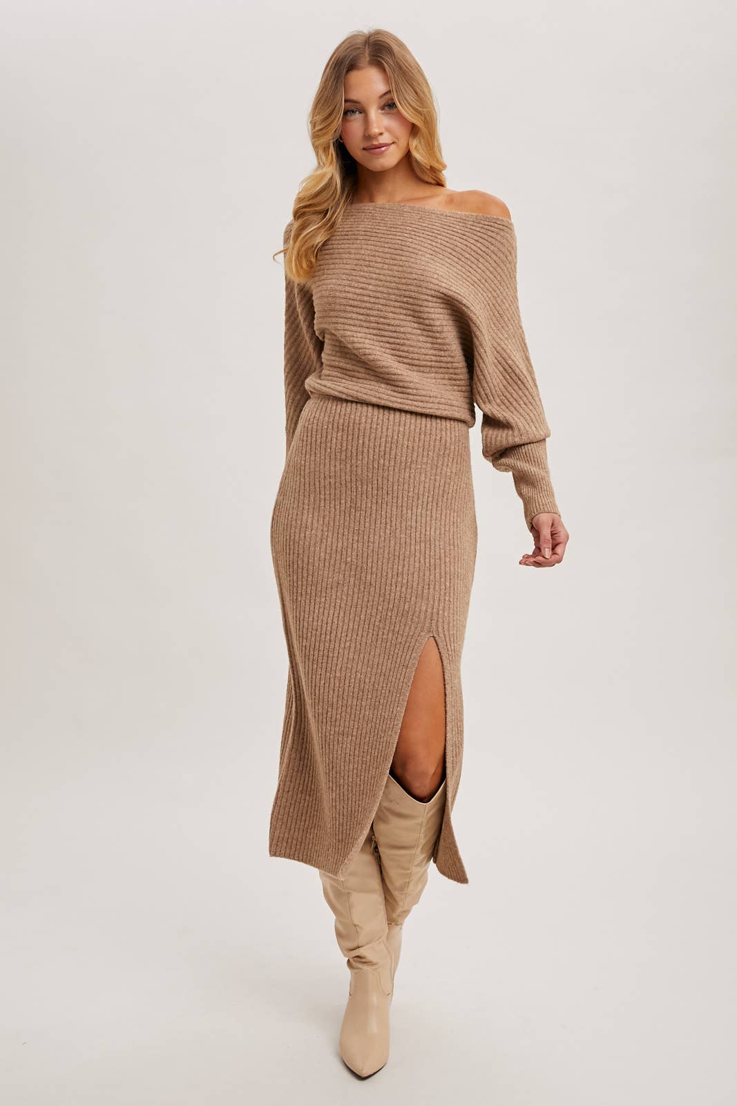 One Shoulder Off Side Slit Midi Knit Sweater Dress: Latte