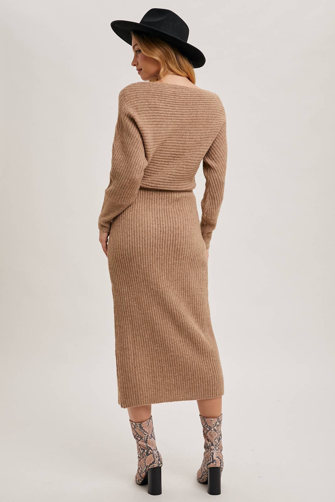 One Shoulder Off Side Slit Midi Knit Sweater Dress: Latte