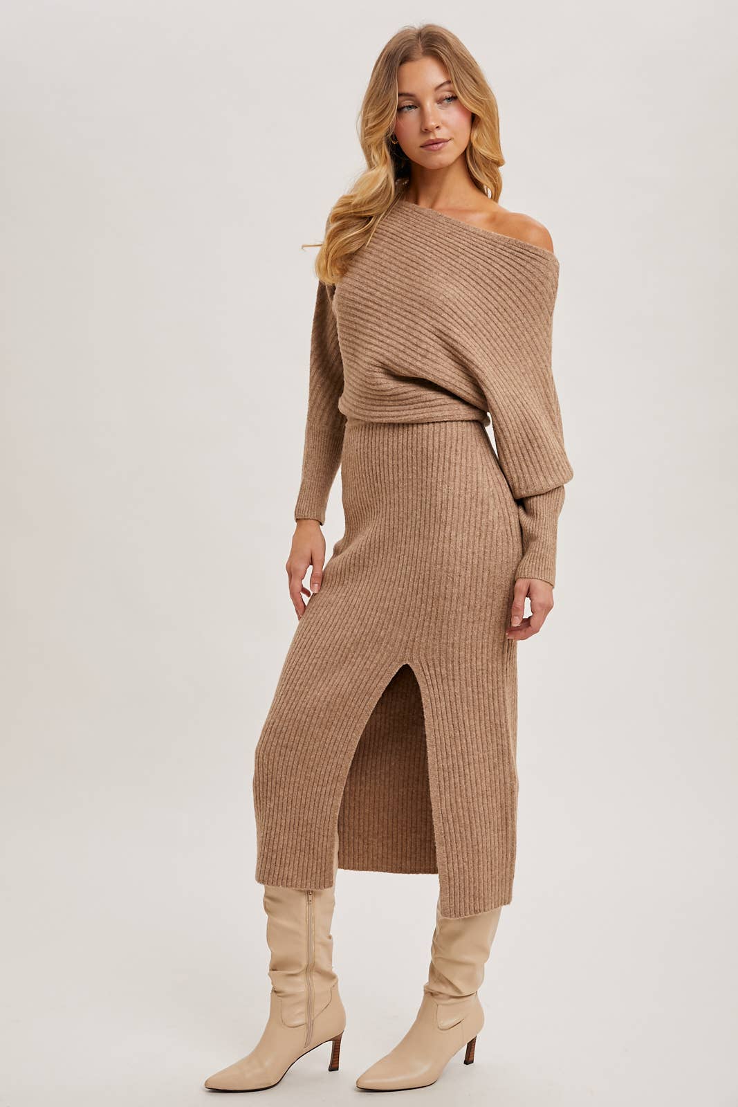 One Shoulder Off Side Slit Midi Knit Sweater Dress: Latte