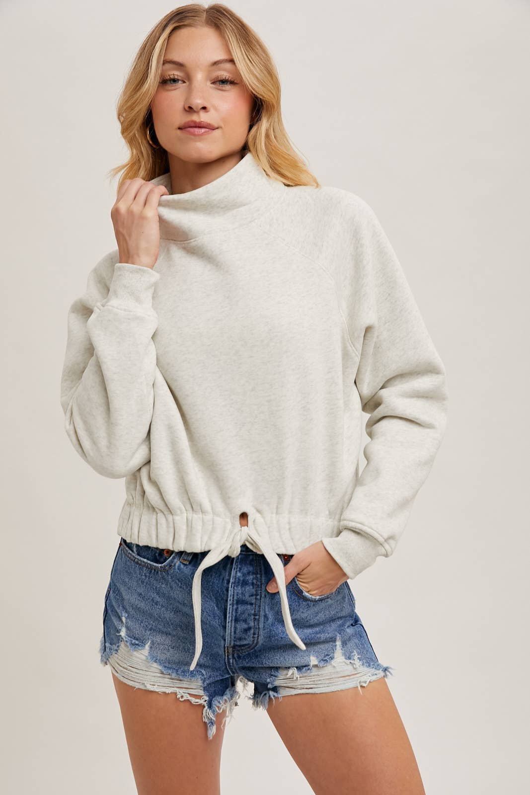 FUNNEL NECK TIE FRONT KNIT SWEATSHIRT: MUSHROOM