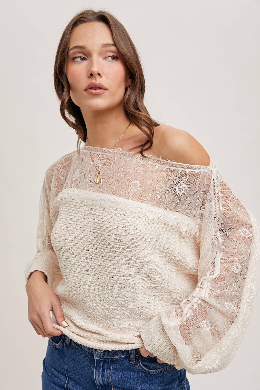 BOAT NECK LACE TRIMMED KNIT SWEATER PULLOVER: Beige