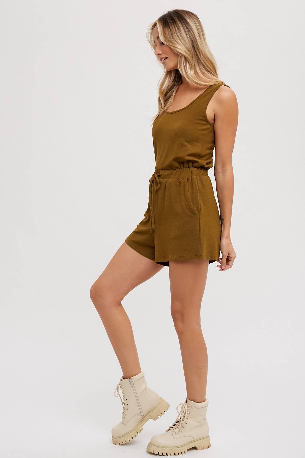 SLEEVELESS KNIT DRAWSTRING ROMPER: OLIVE