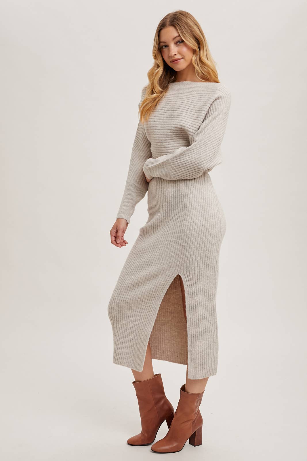 One Shoulder Off Side Slit Midi Knit Sweater Dress: Latte