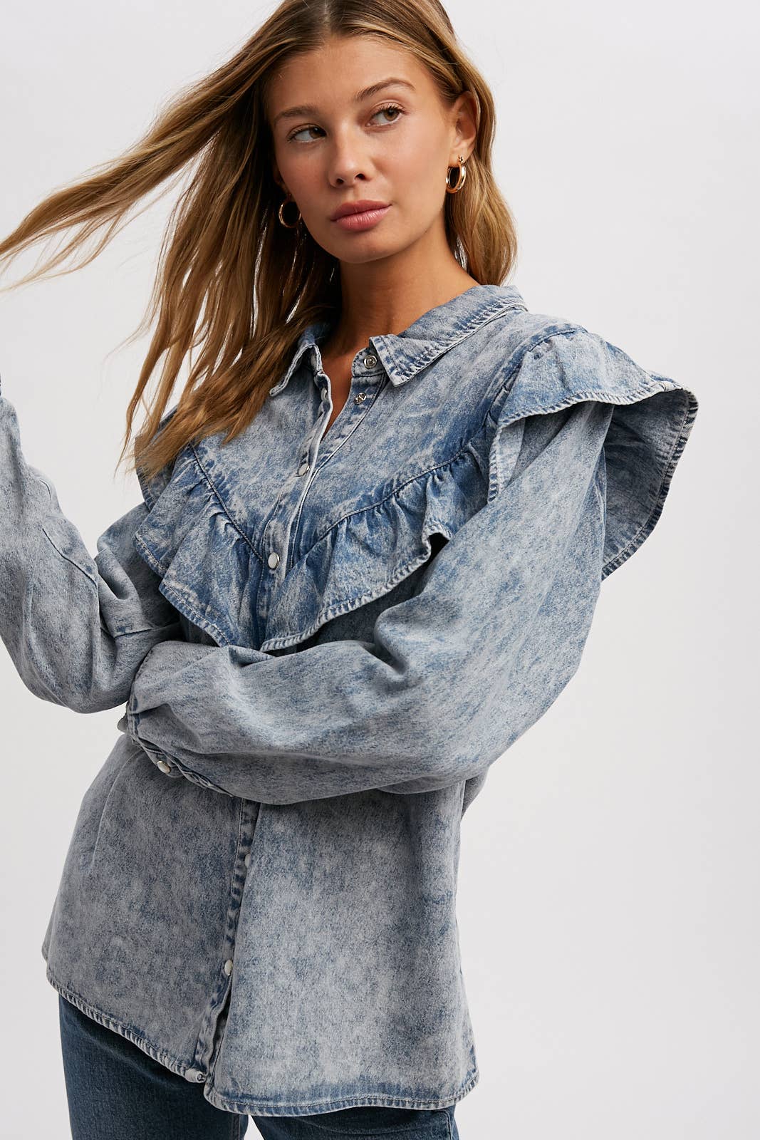 Bluivy - BUTTON UP RUFFLED DENIM SHIRT