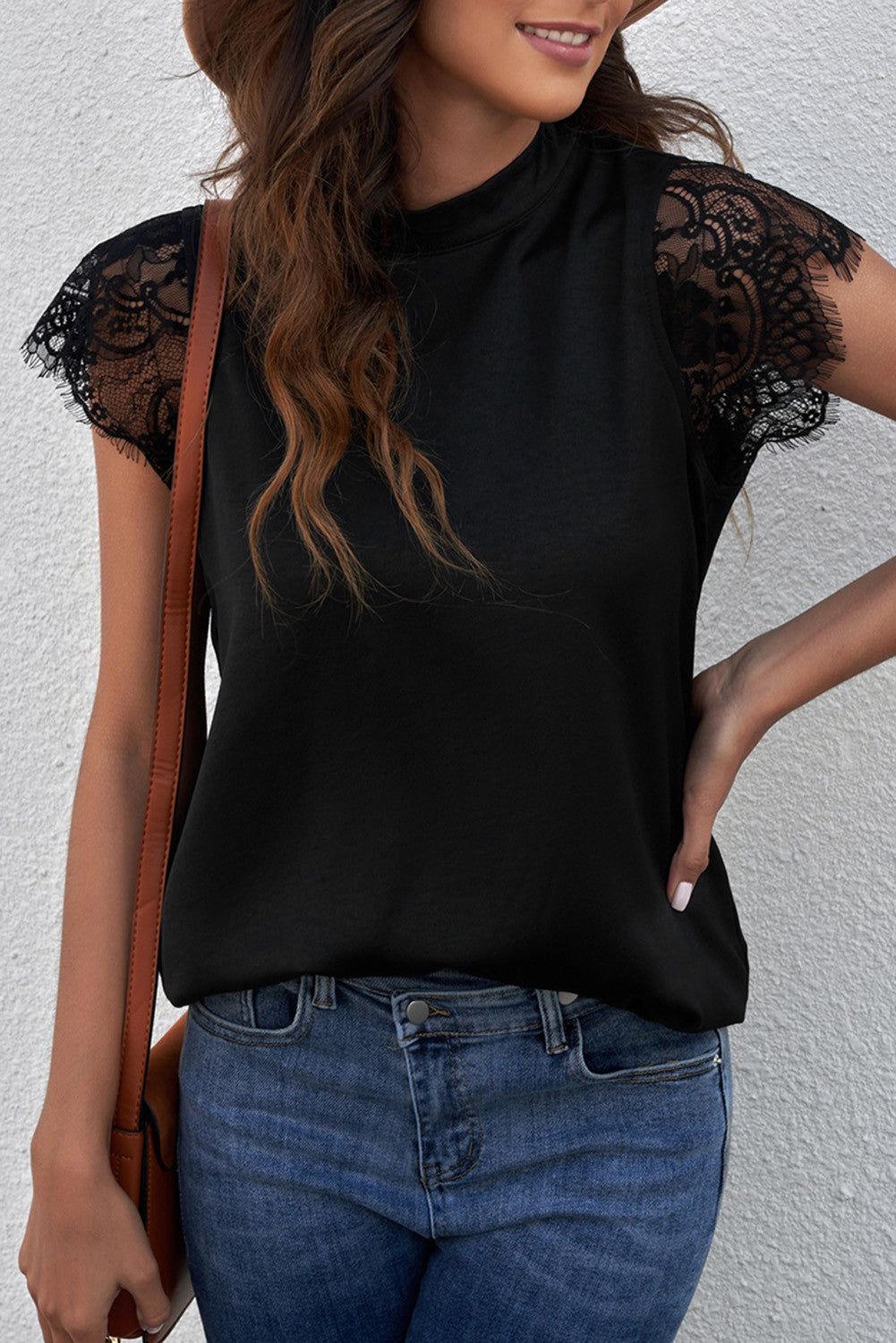 Black Lace Splicing Tie Knot Mock Neck T-shirt