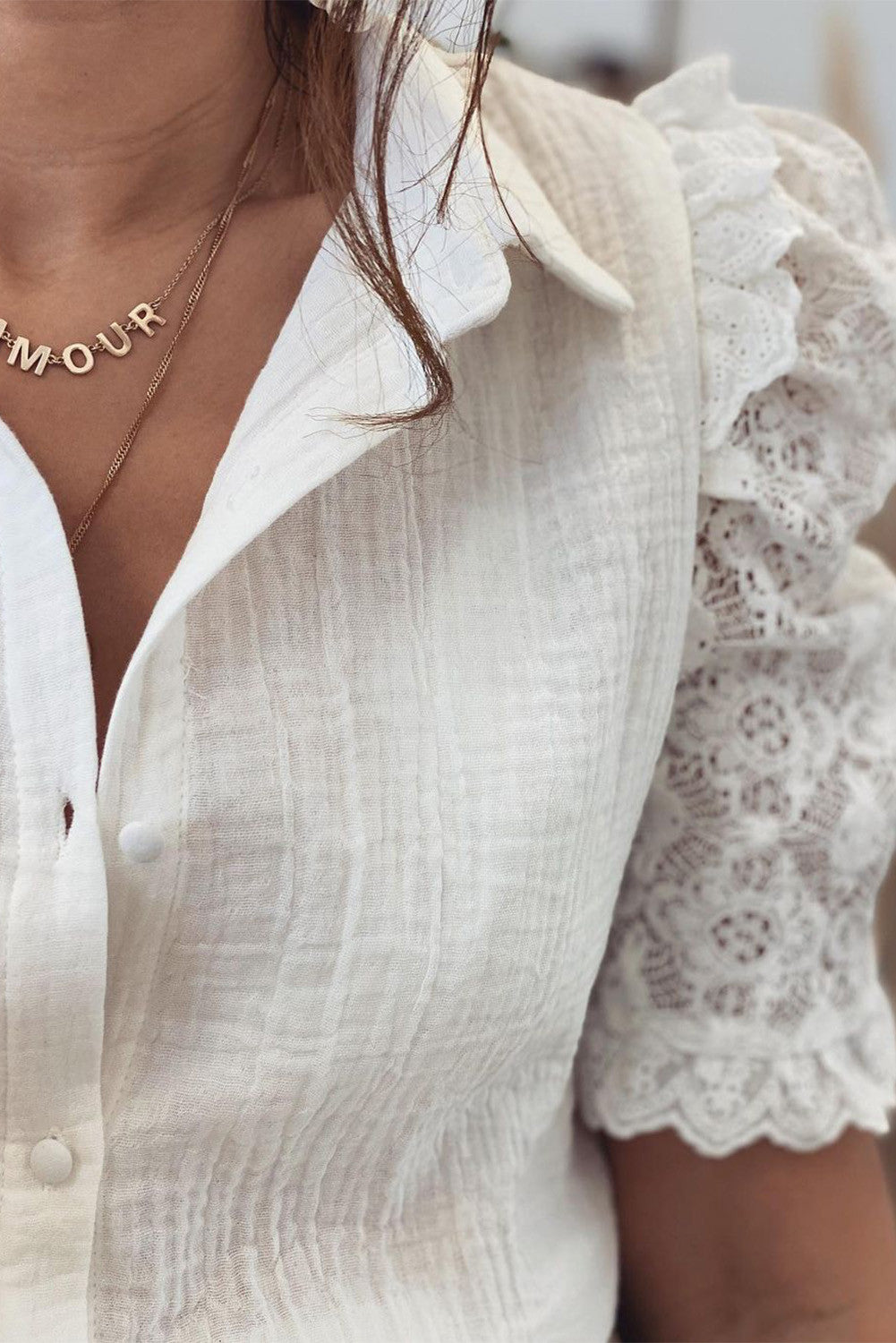 White Lace Sleeved Button-Up Top