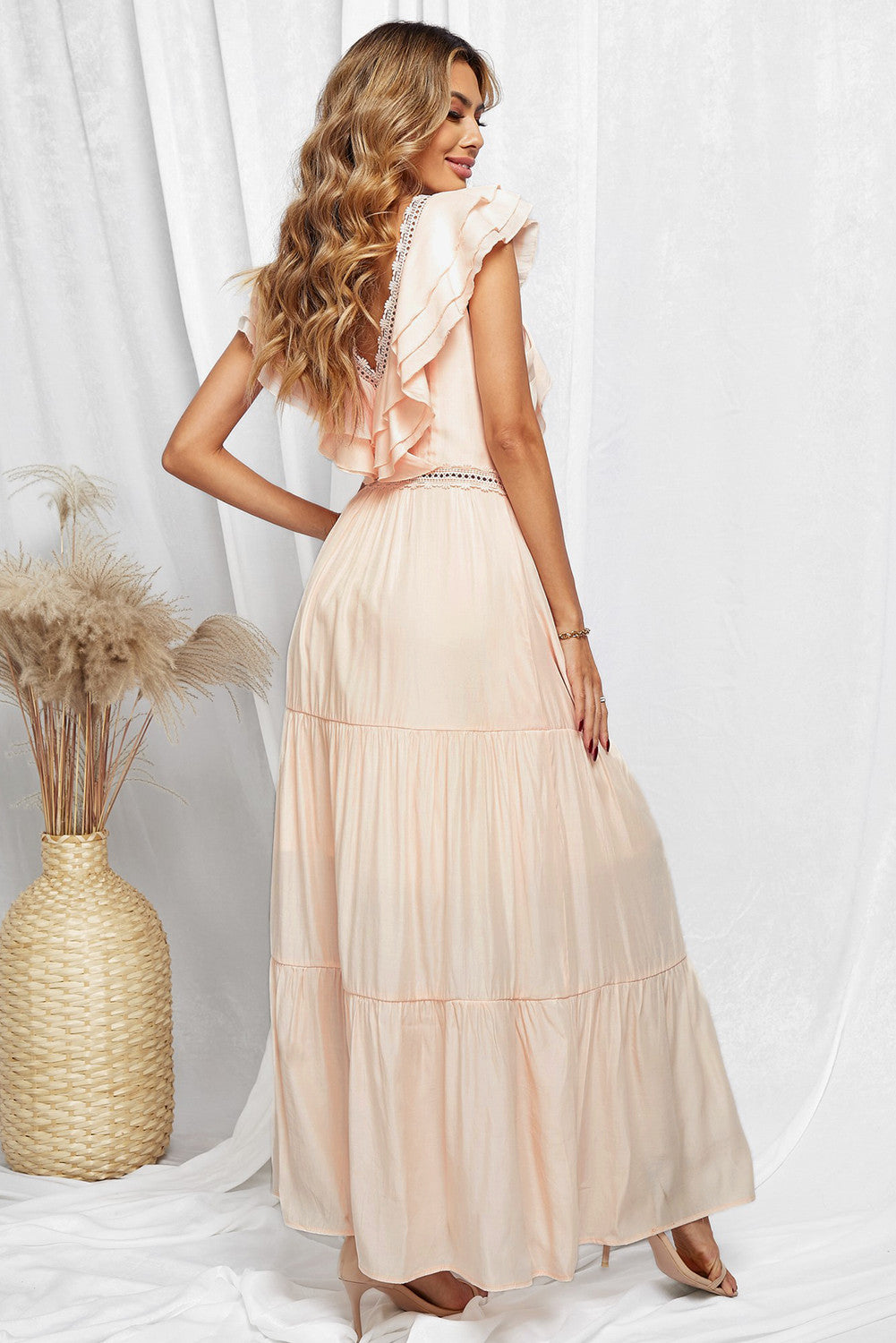 Pink Lace Splicing Ruffled Deep V Neck Maxi Dress