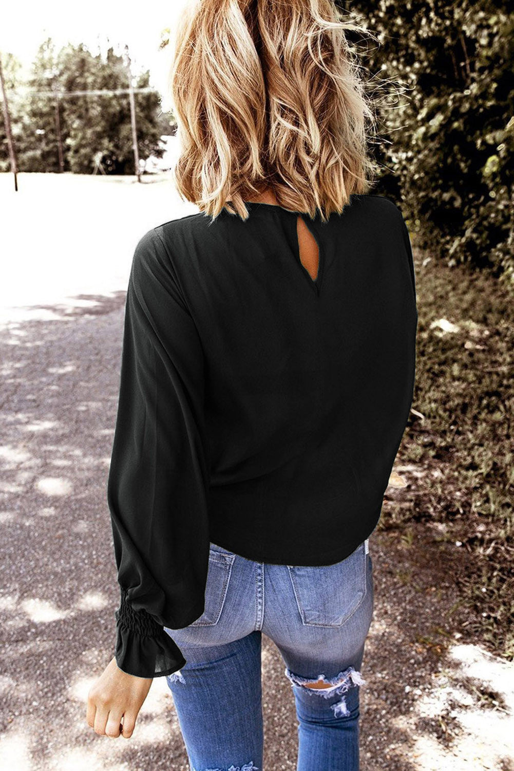 Black Crew Neck Ruffle Bubble Sleeve Top