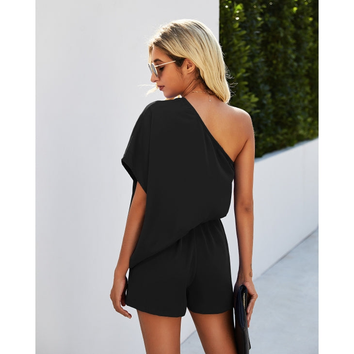 One Shoulder Elastic Waist Romper - Black