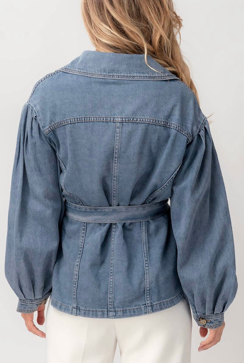 Denim Belt Tie Puff Sleeve Jacket