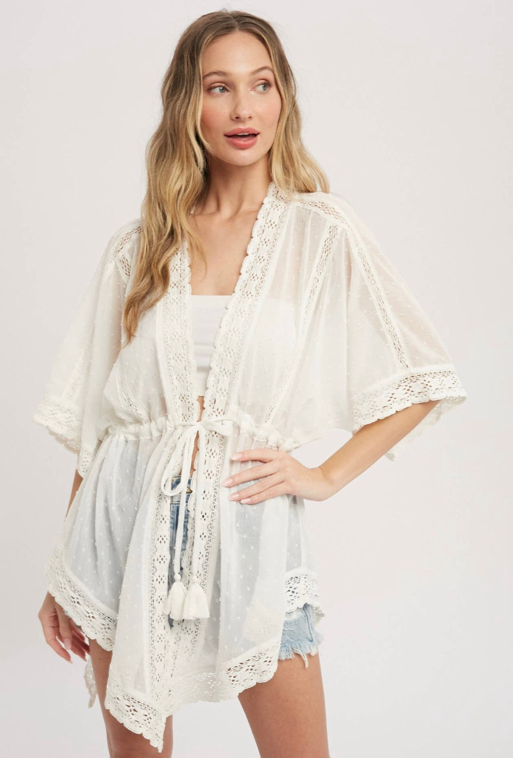 Lace Trim Kimono-Ivory