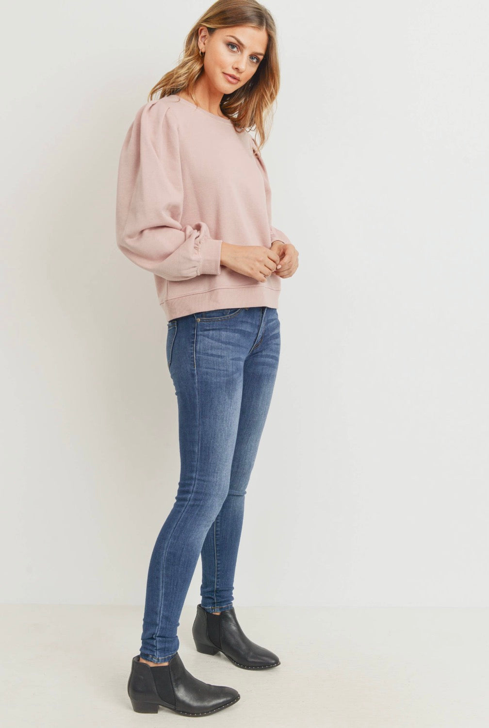 Long Sleeve Bubble Sleeve French Terry Pullover-Blush