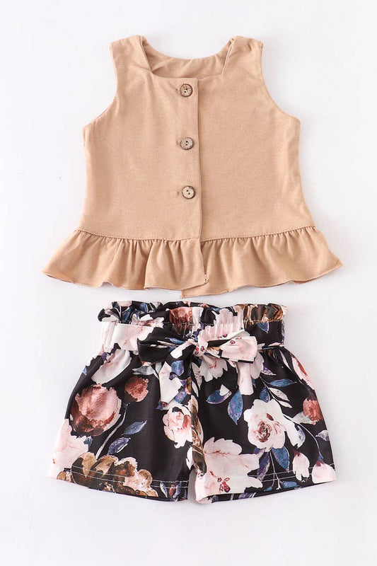 Honeydew -  Beige floral paperbag shorts set