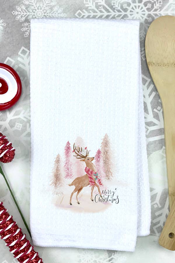 Merry Christmas Holiday Gift Reindeer Pink Snowy Trees