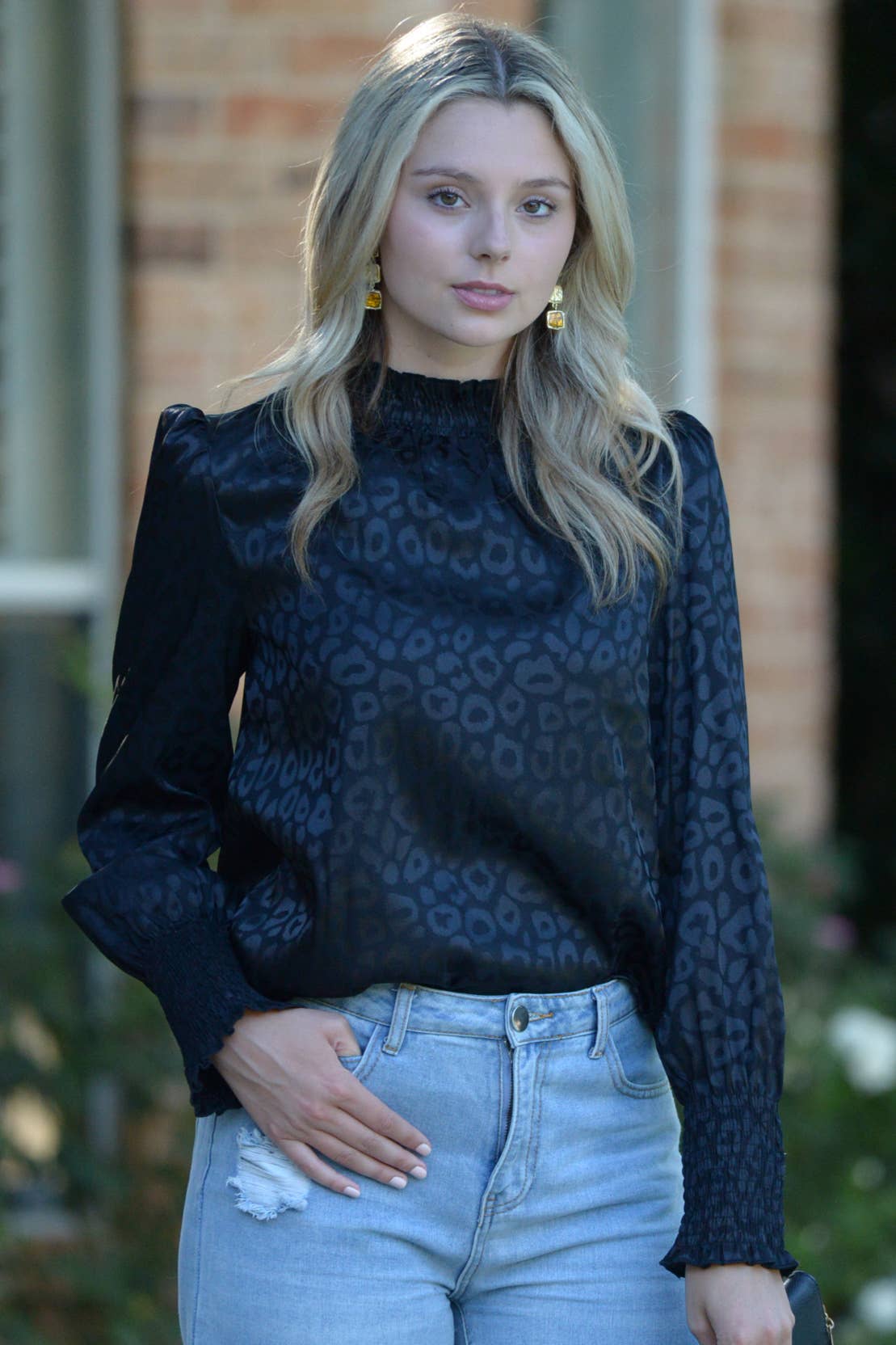 Black Leopard High Neck Woven Top