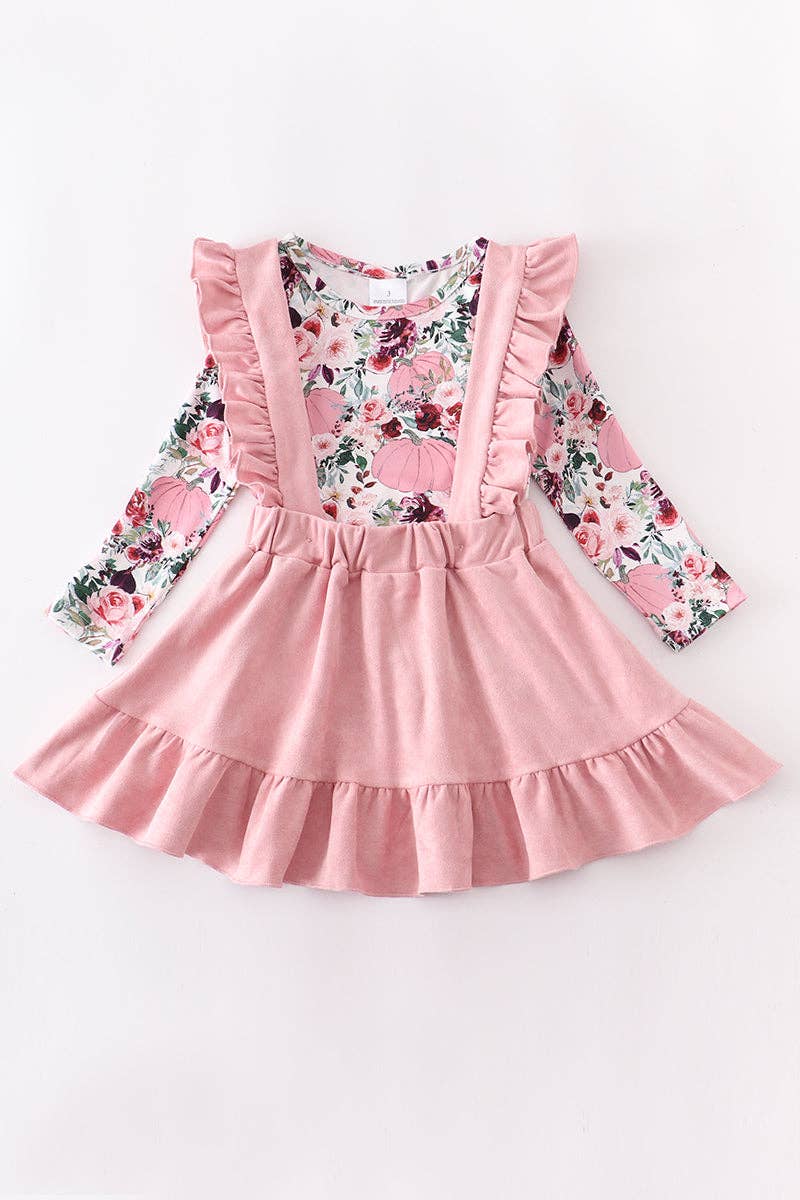 Pink floral  suspender skirt set