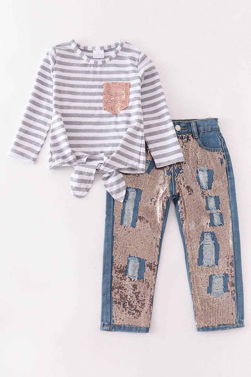 Striped Sequins jean pants set