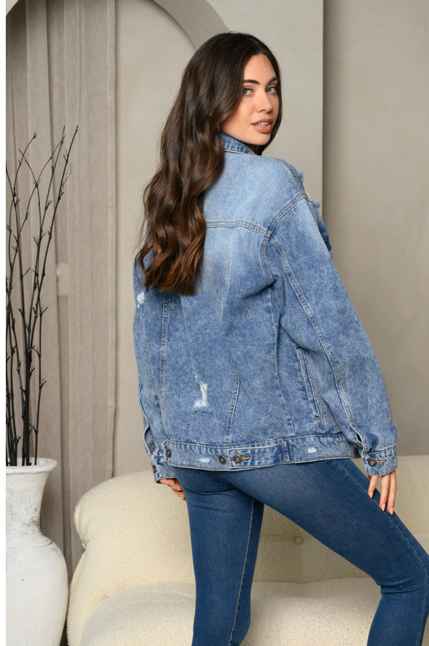 WOMEN'S LONG SLEEVE DENIM BUTTON UP DISTRESS JACKET - MEDIUM DENIM