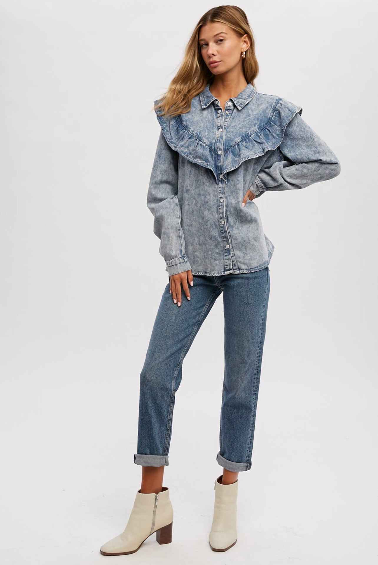 Bluivy - BUTTON UP RUFFLED DENIM SHIRT