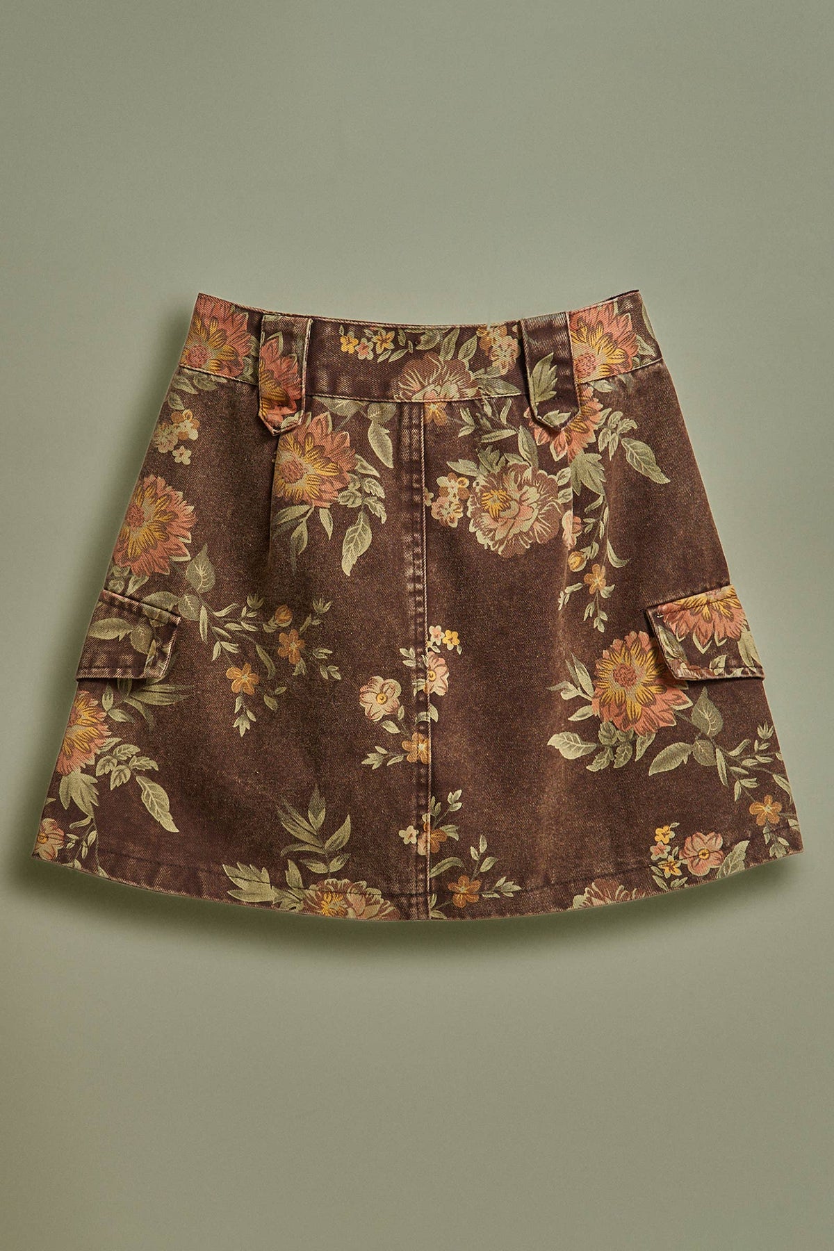 Vintage Floral Cotton Denim Cargo Mini Skirt: Brown