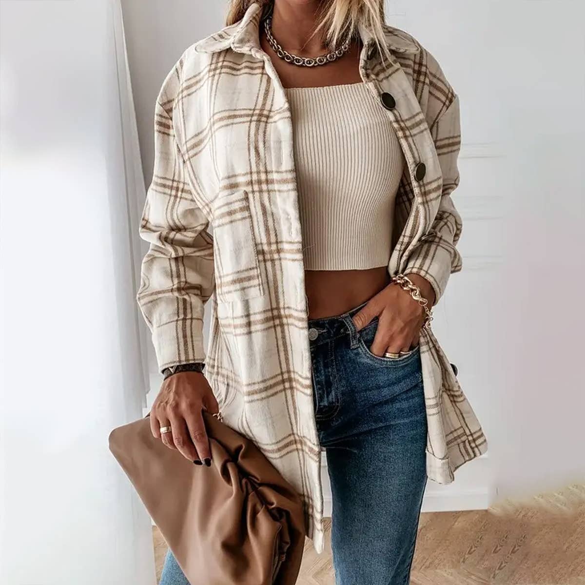Mid-length single breasted woolen shirt: APRICOT