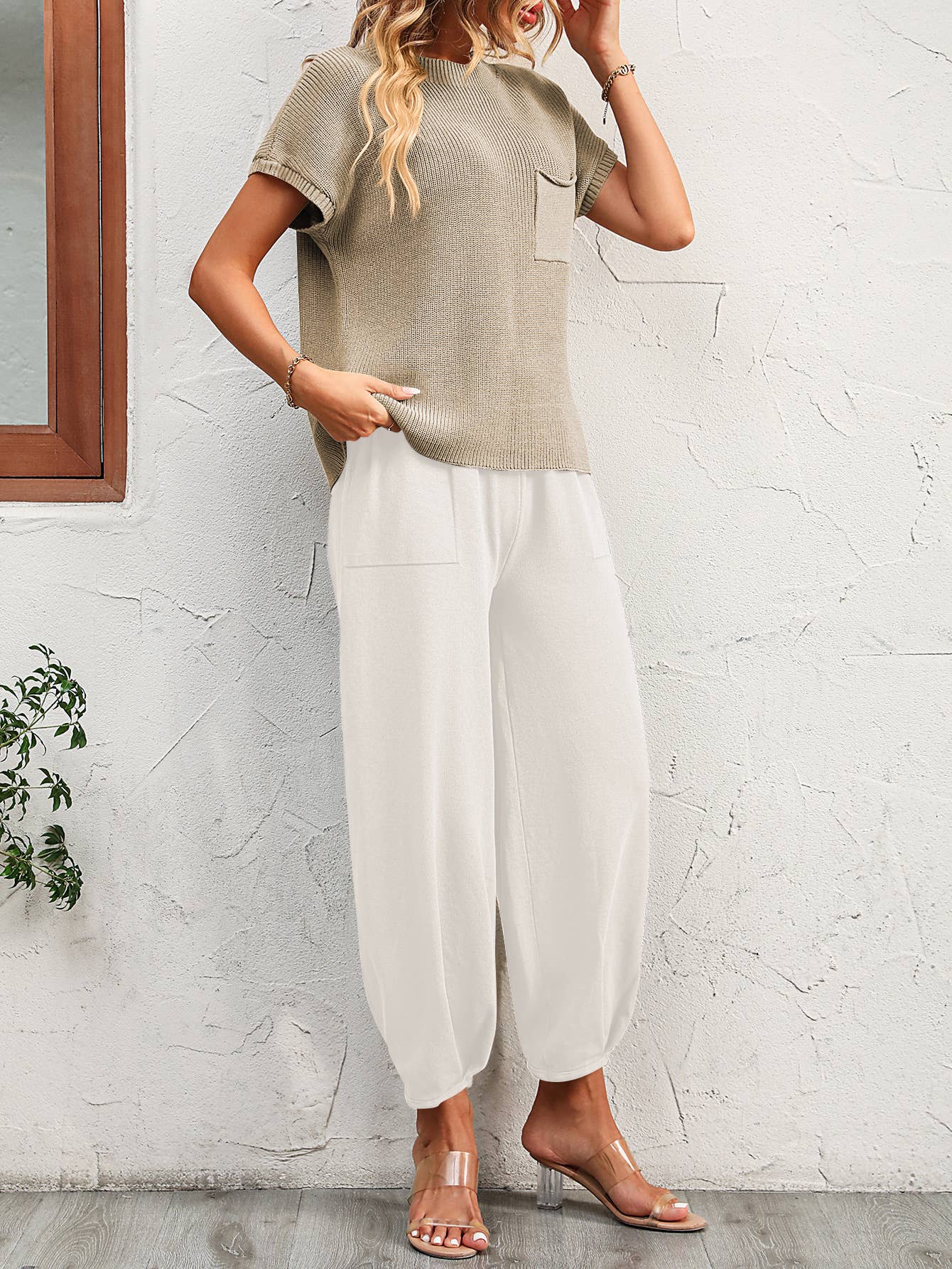 Ribbed Knit Sweater and Jogger Pant Set: Khaki