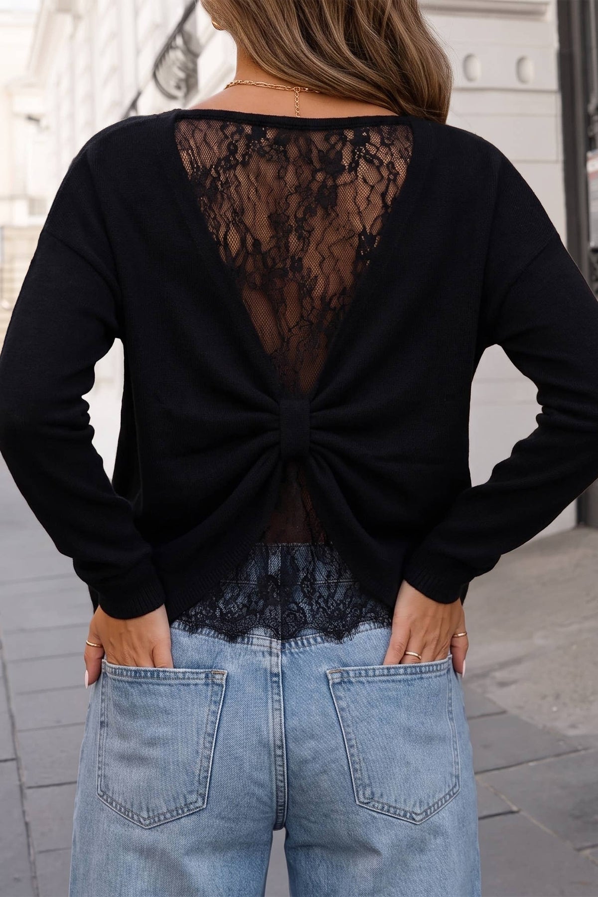 Timeless Solid Crewneck Lossy Lace Sweater Coffee