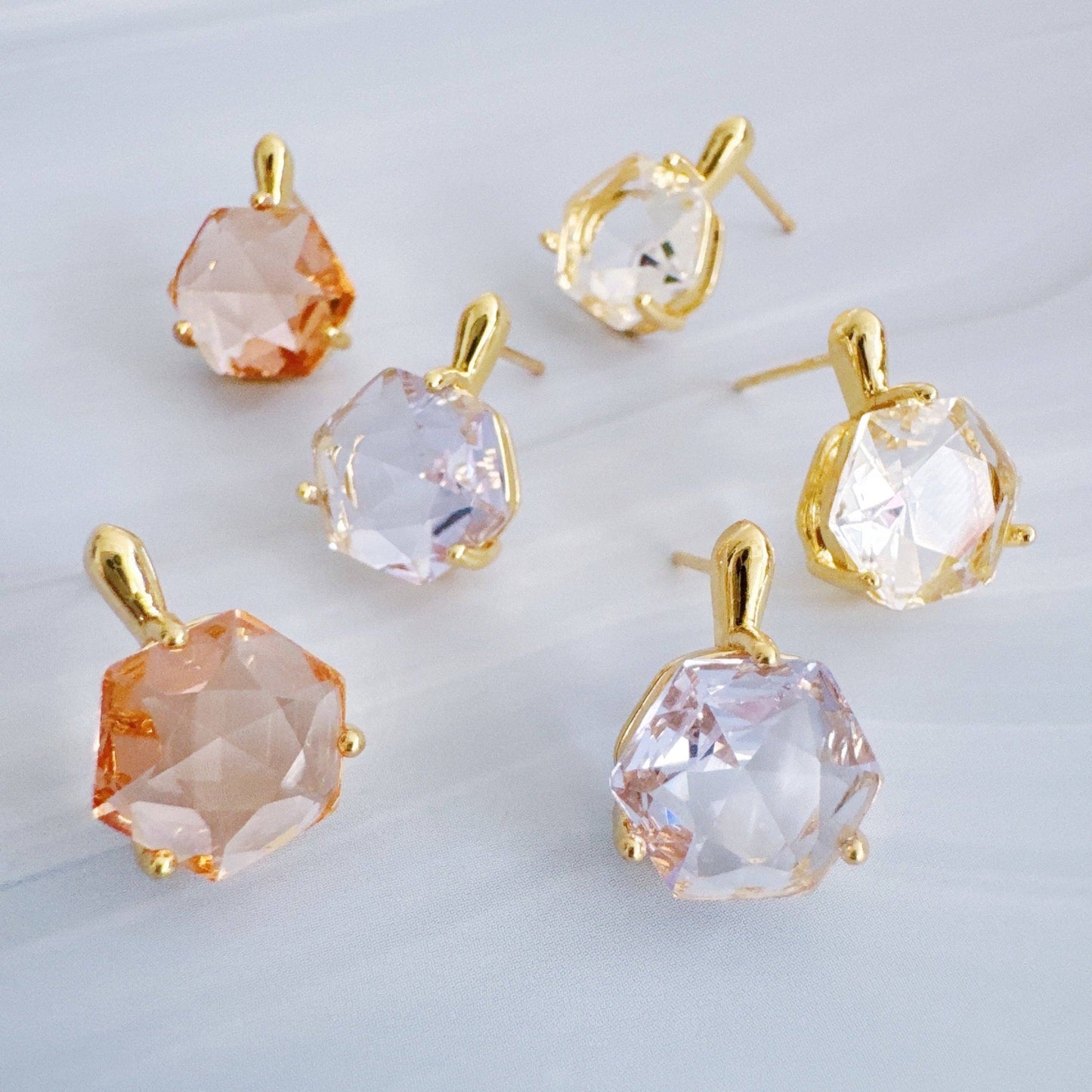 Gilded Prism Drop Earrings – Faceted Stones With A Sculpted Gold Setting: Crystal Clear