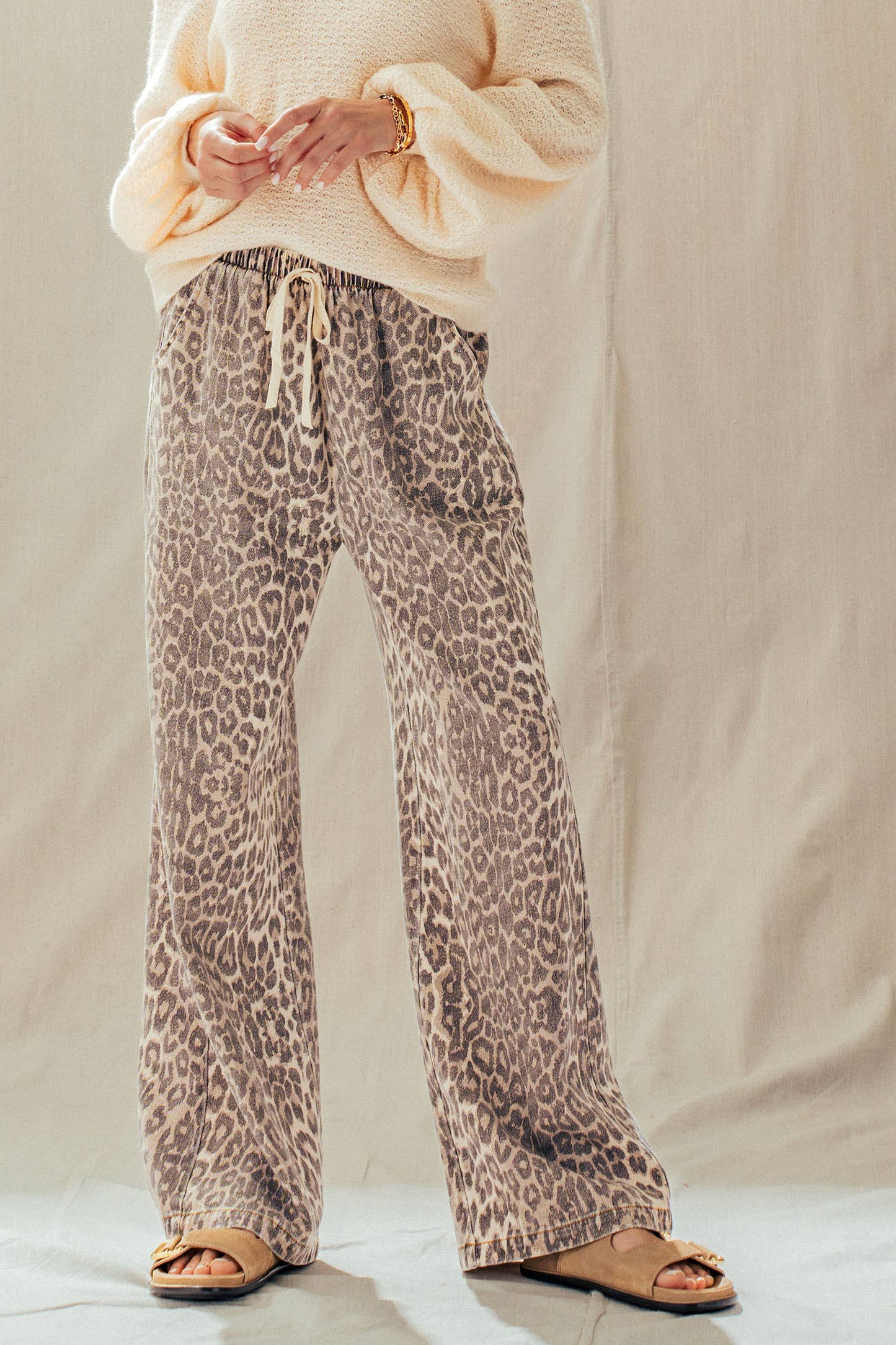 Leopard Print Wide Leg Cotton Pants Drawstring: LEOPARD
