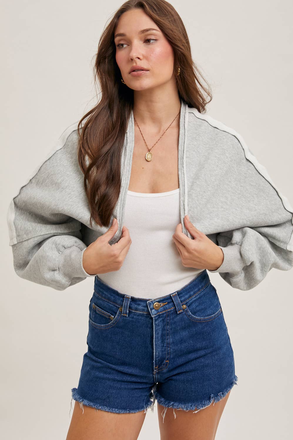 INNER FLEECE SHRUG KNIT CARDIGAN: H.GREY