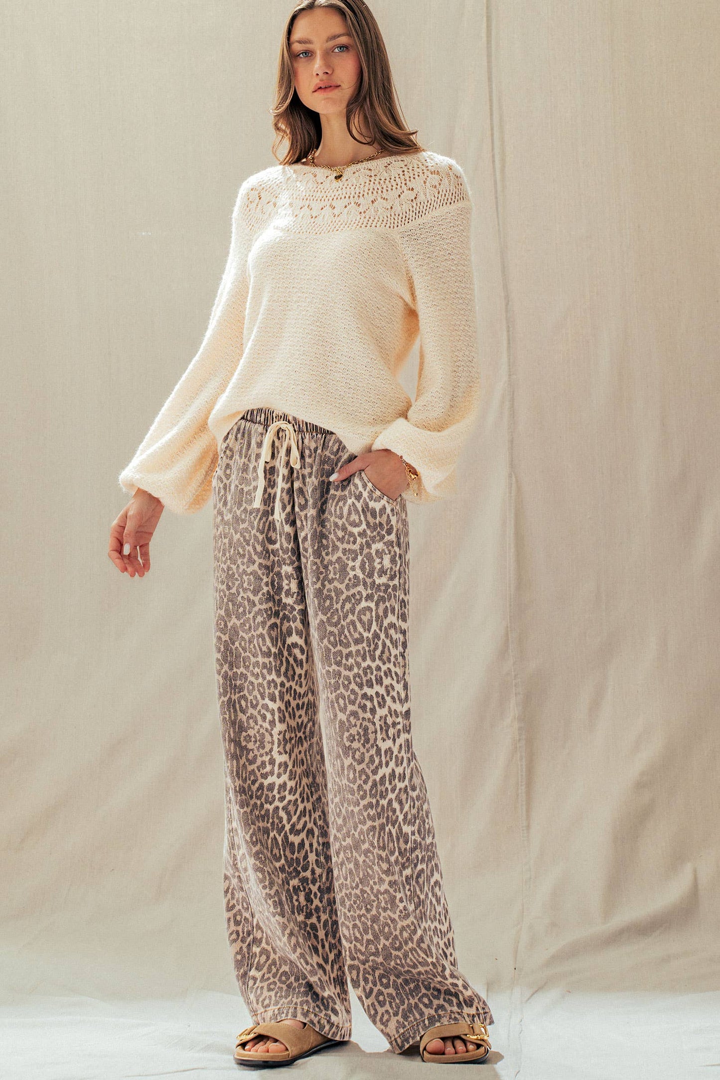 Leopard Print Wide Leg Cotton Pants Drawstring: LEOPARD
