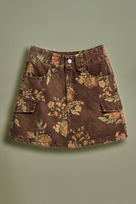 Vintage Floral Cotton Denim Cargo Mini Skirt: Brown