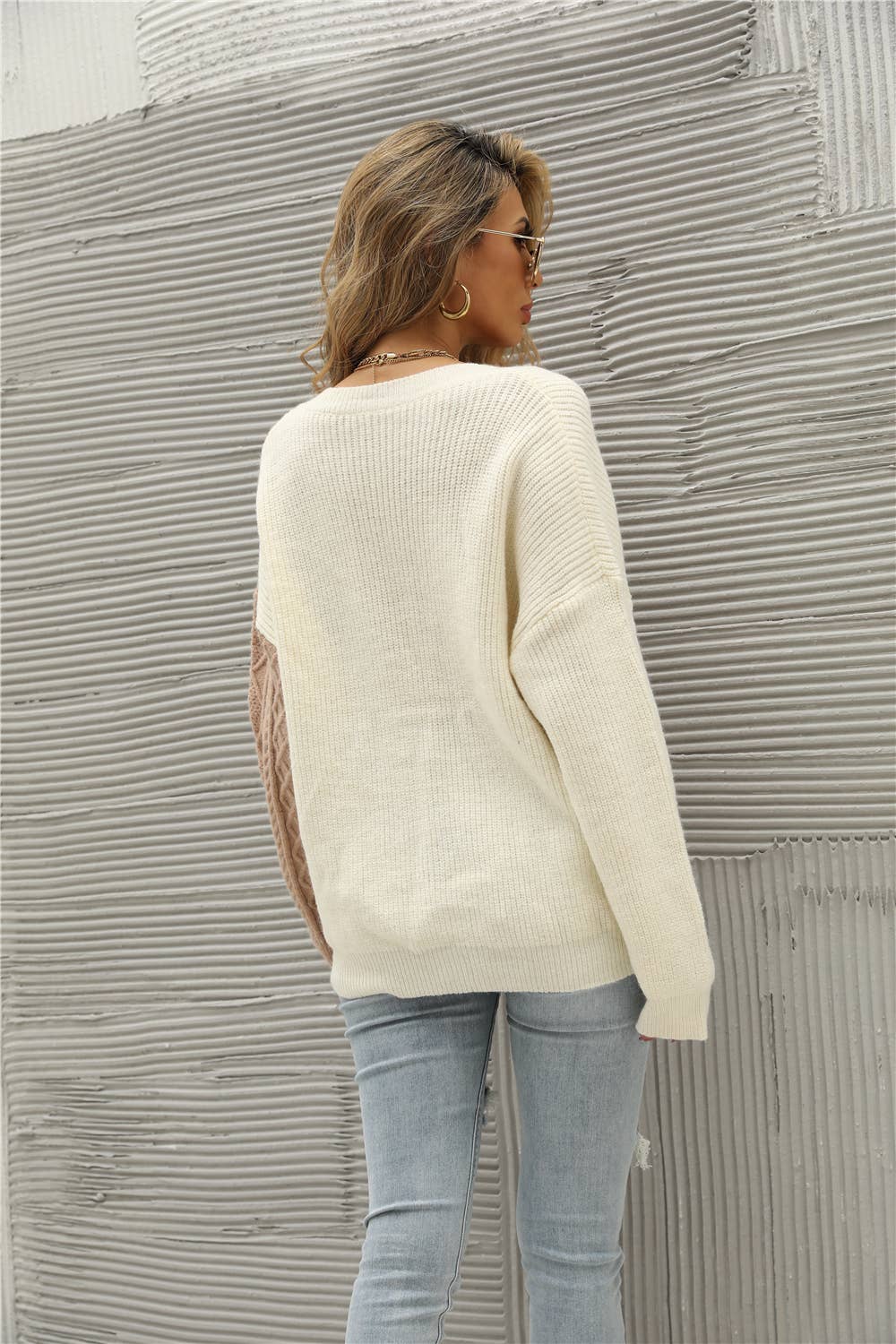 Cable Knit Color Block Pullover Sweater: Clay