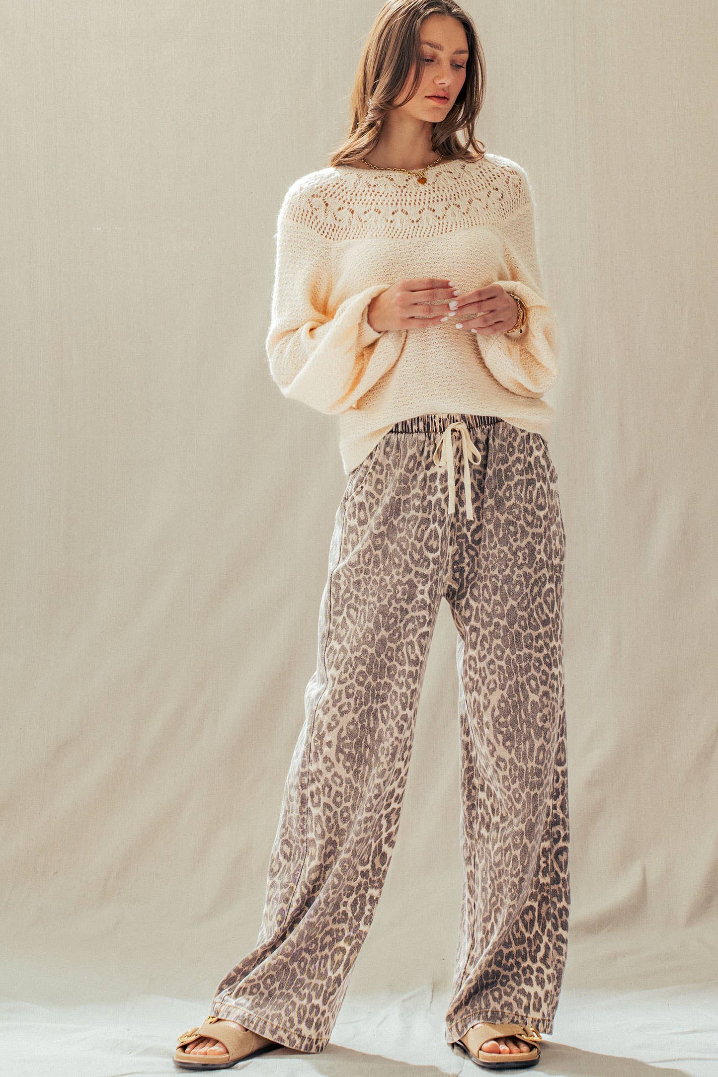Leopard Print Wide Leg Cotton Pants Drawstring: LEOPARD