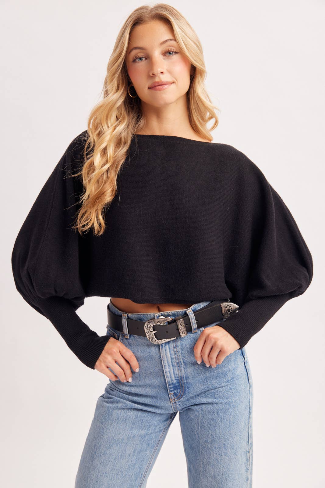 CROPPED BOAT-NECK BALLOON SLEEVED KNIT SWEATER: LATTE