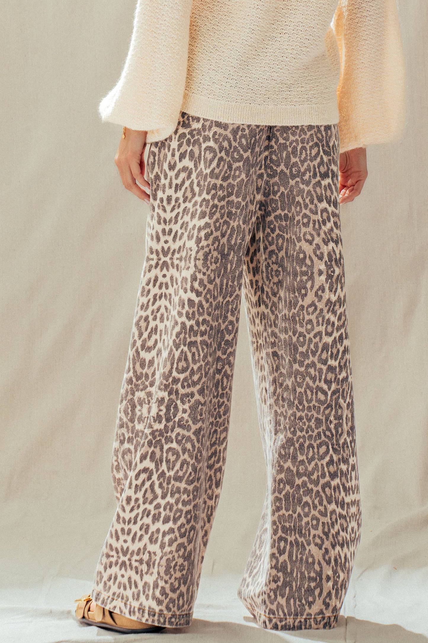 Leopard Print Wide Leg Cotton Pants Drawstring: LEOPARD