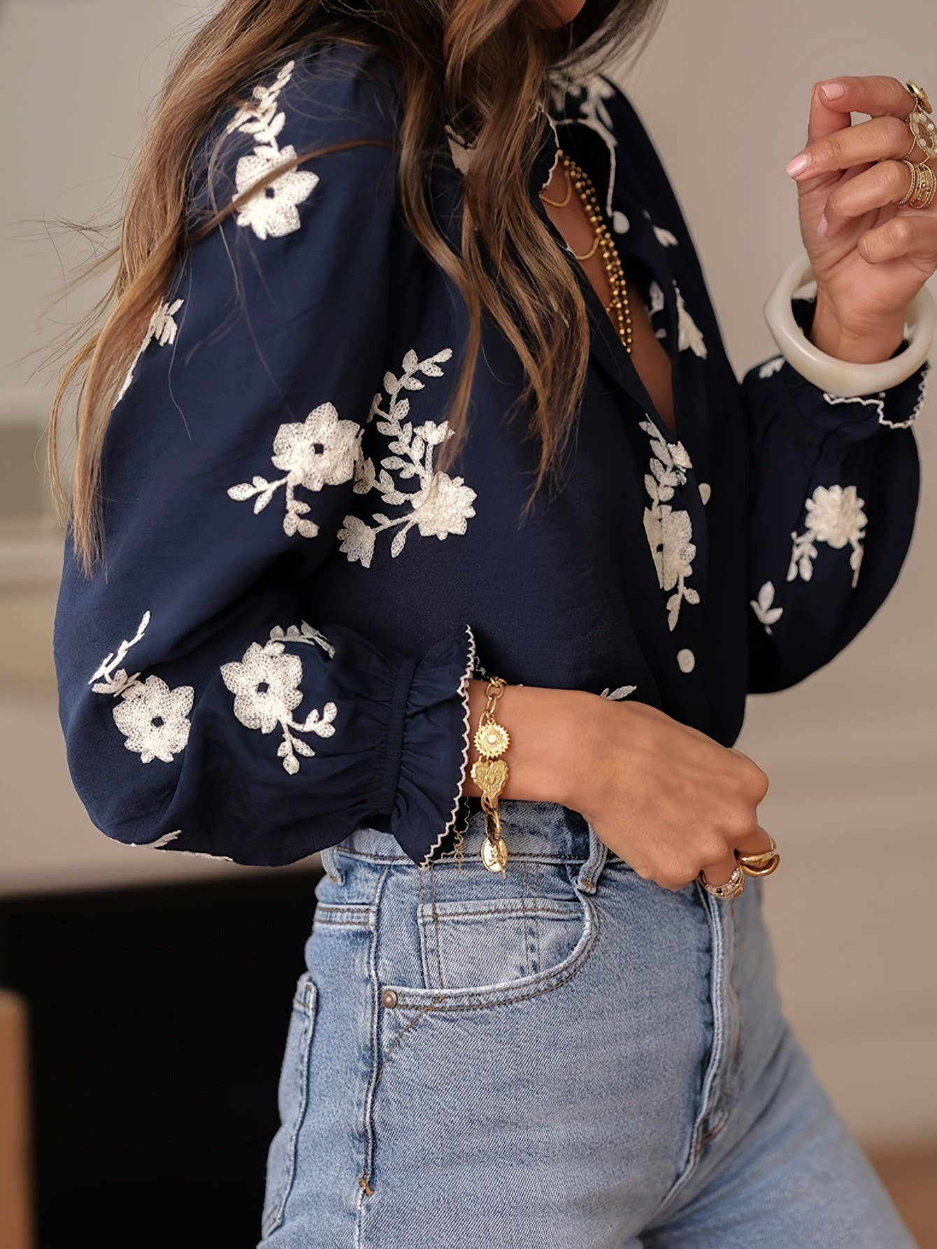 Boho Midnight Ecru Floral Ruffled Blouse: NavyBlue