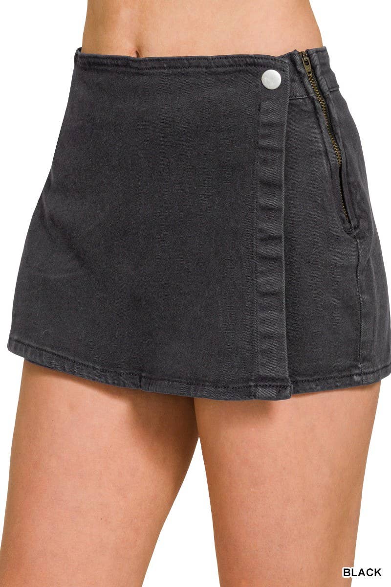 Washed Denim Skort: BLACK