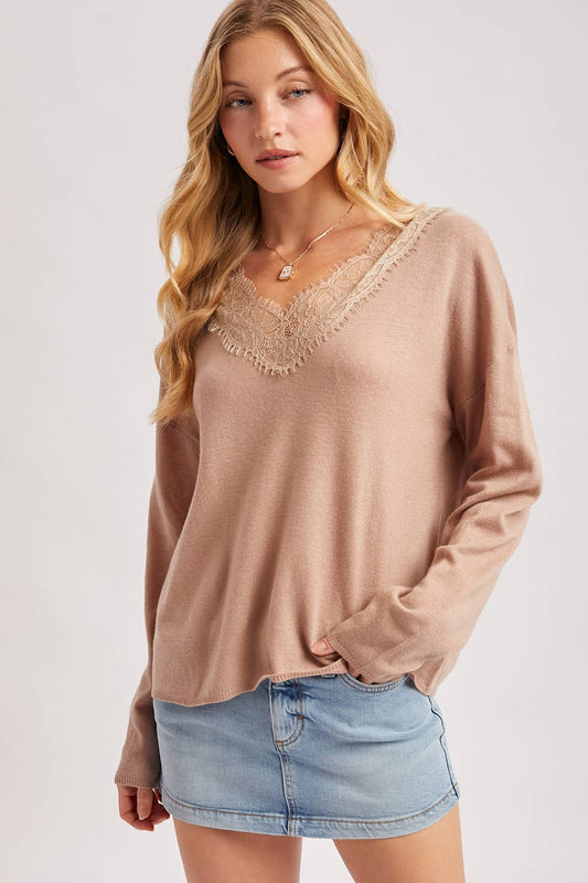V-NECK LACE TRIMMED KNIT PULLOVER: LATTE