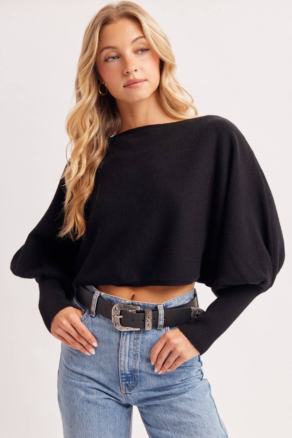CROPPED BOAT-NECK BALLOON SLEEVED KNIT SWEATER: Black